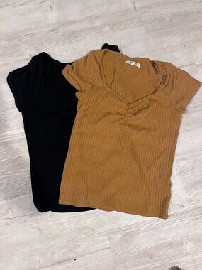 (2) Madewell Sweetheart Neck Ribbed Tee - size small (One Black/One Camel)